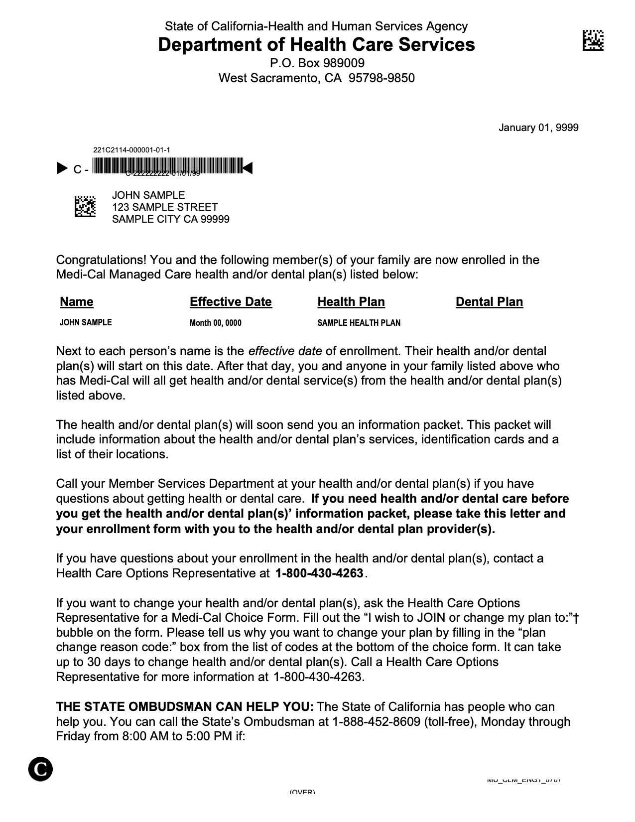 Medi-Cal Beneficiary Confirmation Letter