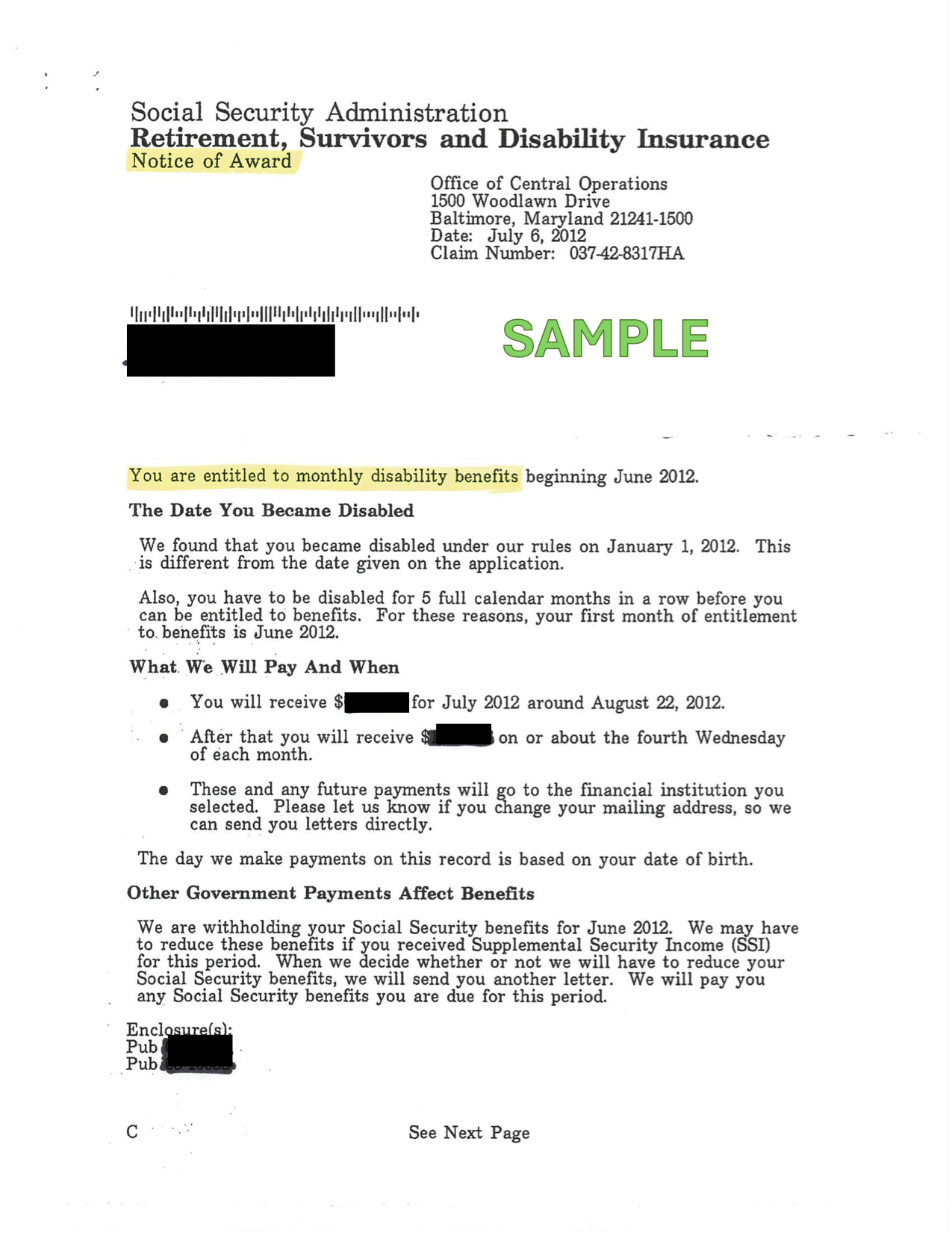 Retirement, Survivors, and Disability Notice of Award