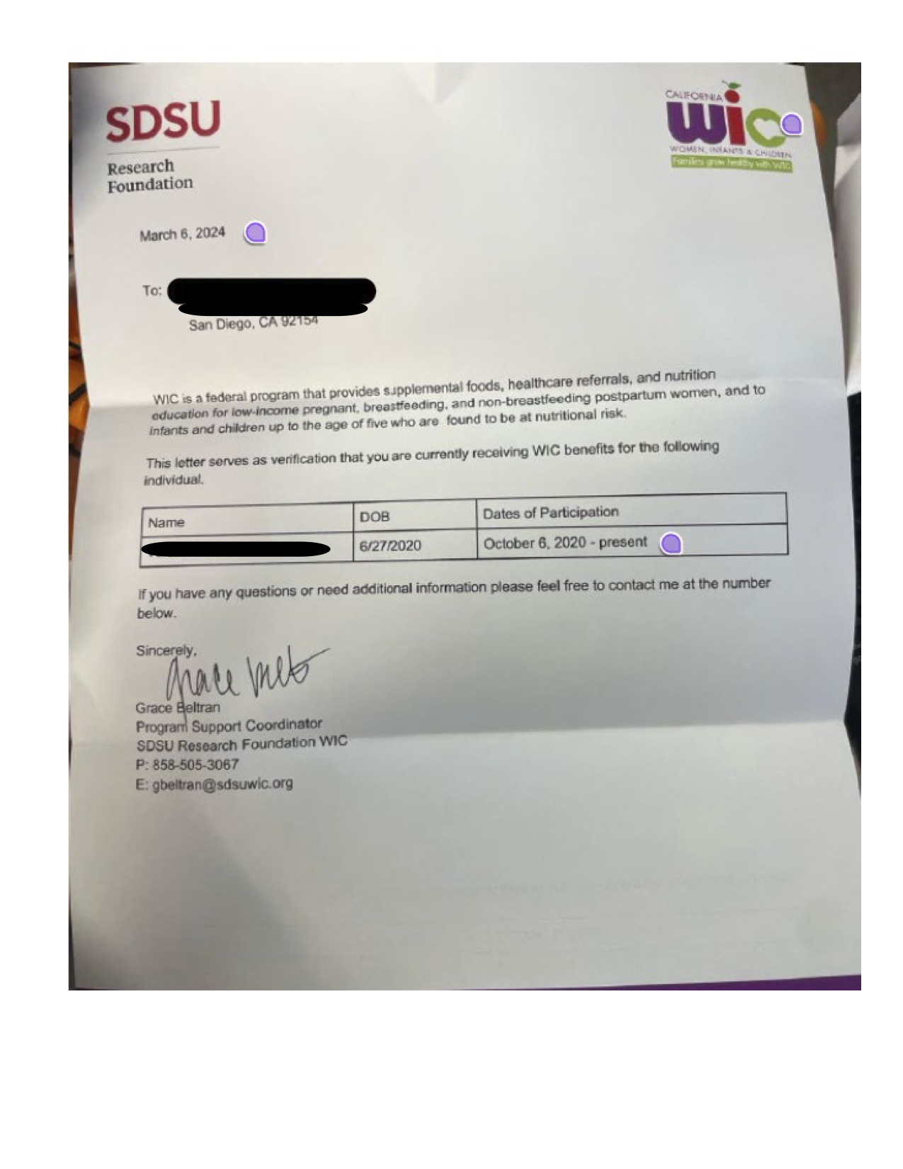 WIC Verification Letter